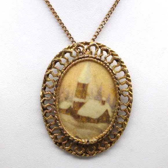 Western Germany Winter Sugar Pin Pendant, Vintage Brass and Porcelain - Picture 1 of 5